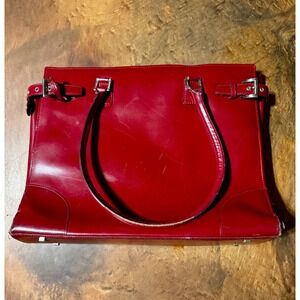 Red Leather Structured Buckle‎ Accent Tote Bag Stylish Designer Purse